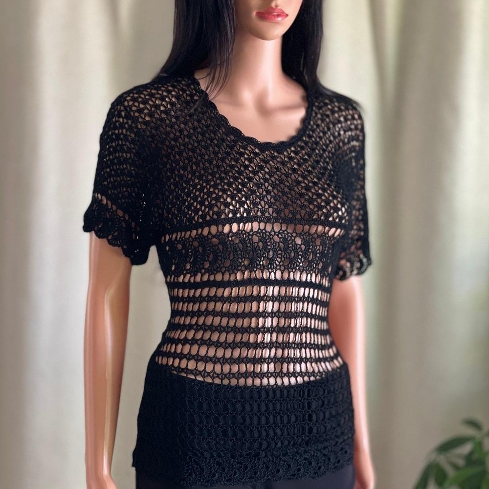 Vtg 90s Carol Anderson Black Crochet Open Knit Short Sleeve Top Whimsigoth M